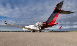 Tail view of newly painted Global with custom black and red scheme