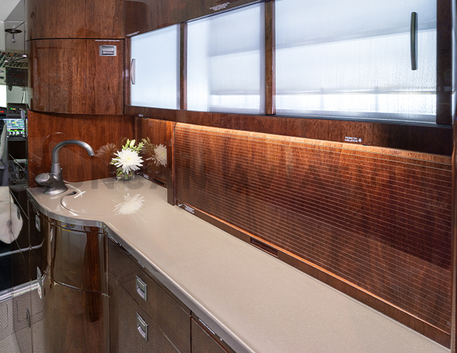 Close up of galley work surface in refurbished Falcon 2000 by Duncan Aviation