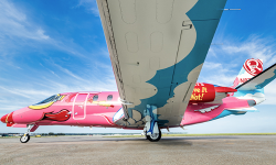 Under wing view of the Ripley's Believe It or Not! Flying Pig Citation by Duncan Aviation